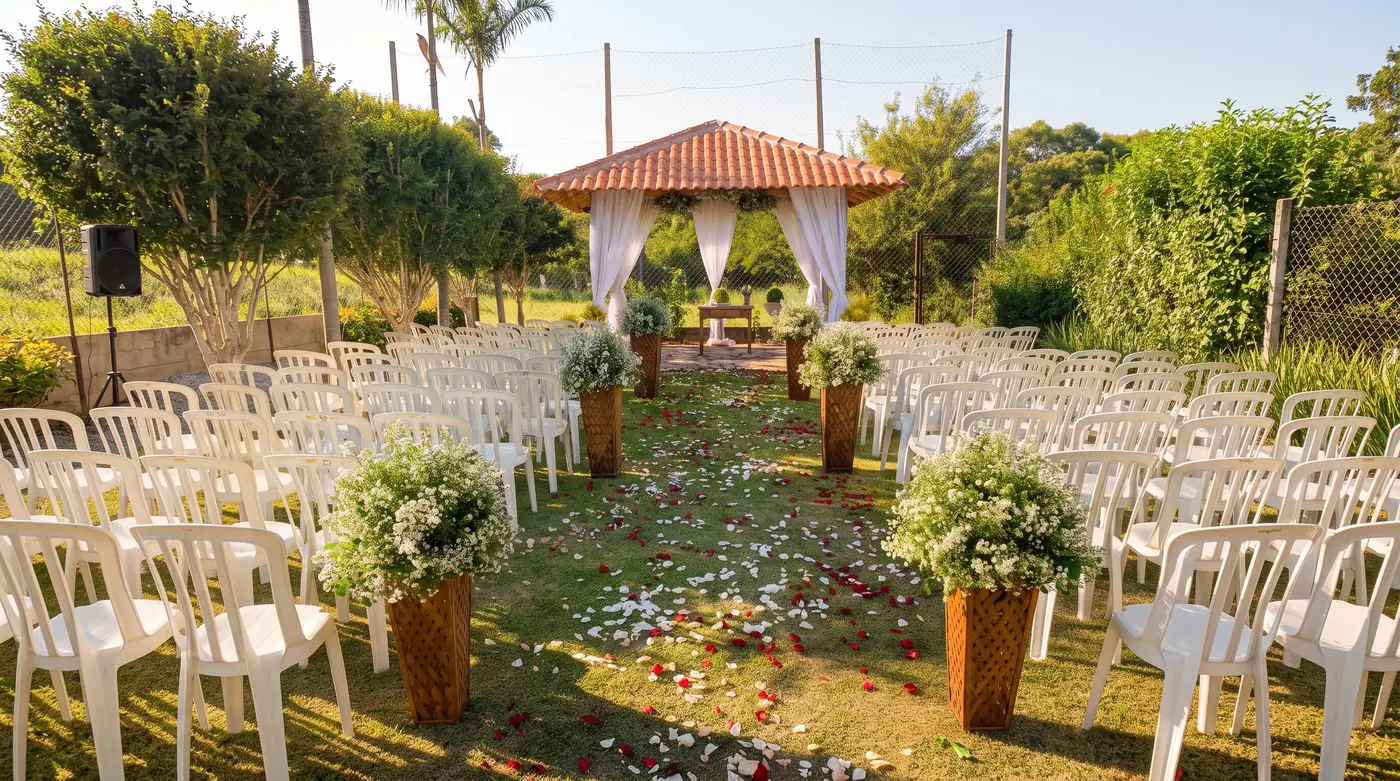 Cerimônia de casamento no jardim com cadeiras brancas e caminho de pétalas
