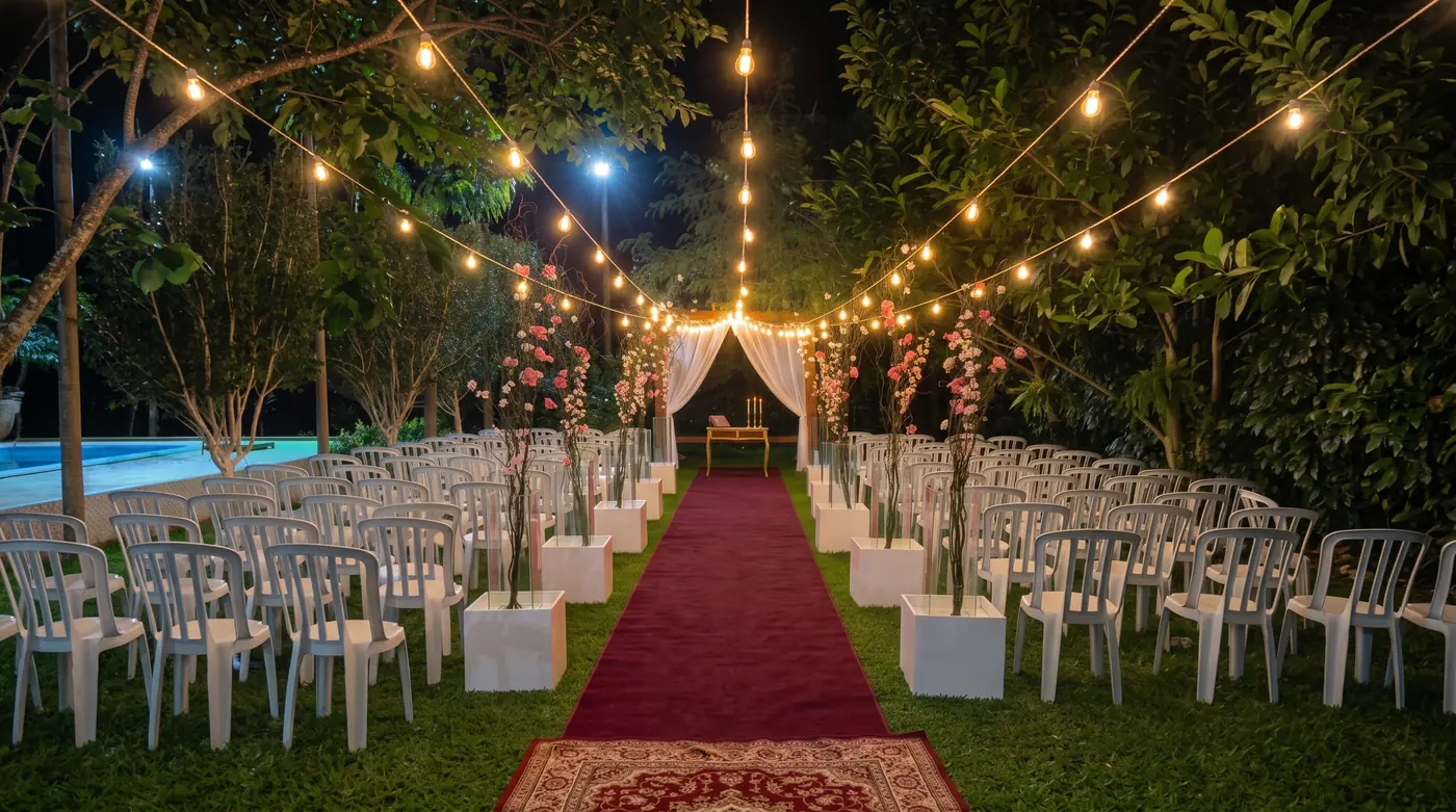 Cerimônia de casamento à noite com tapete vermelho, cadeiras e varal de luzes