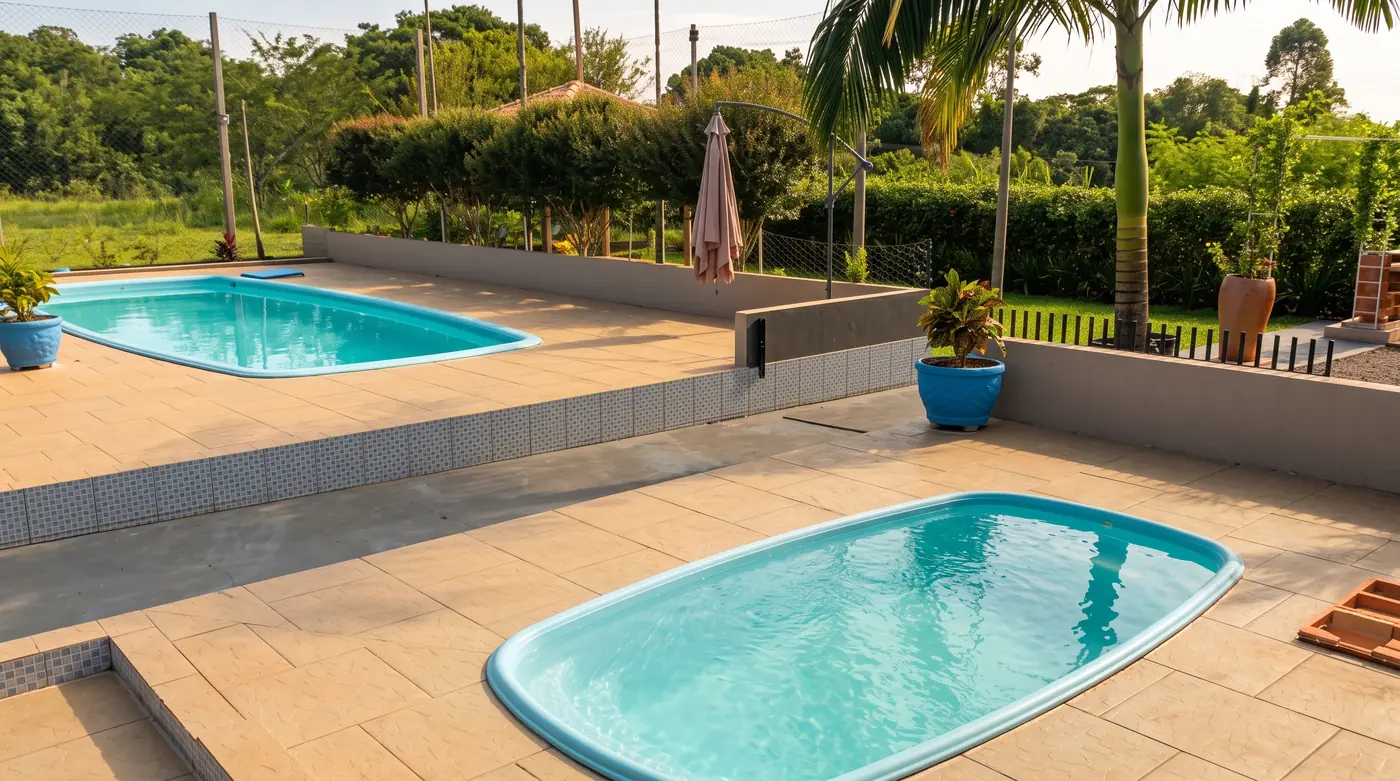 Duas piscinas de fibra com deck amplo, guarda-sol e jardim ao redor